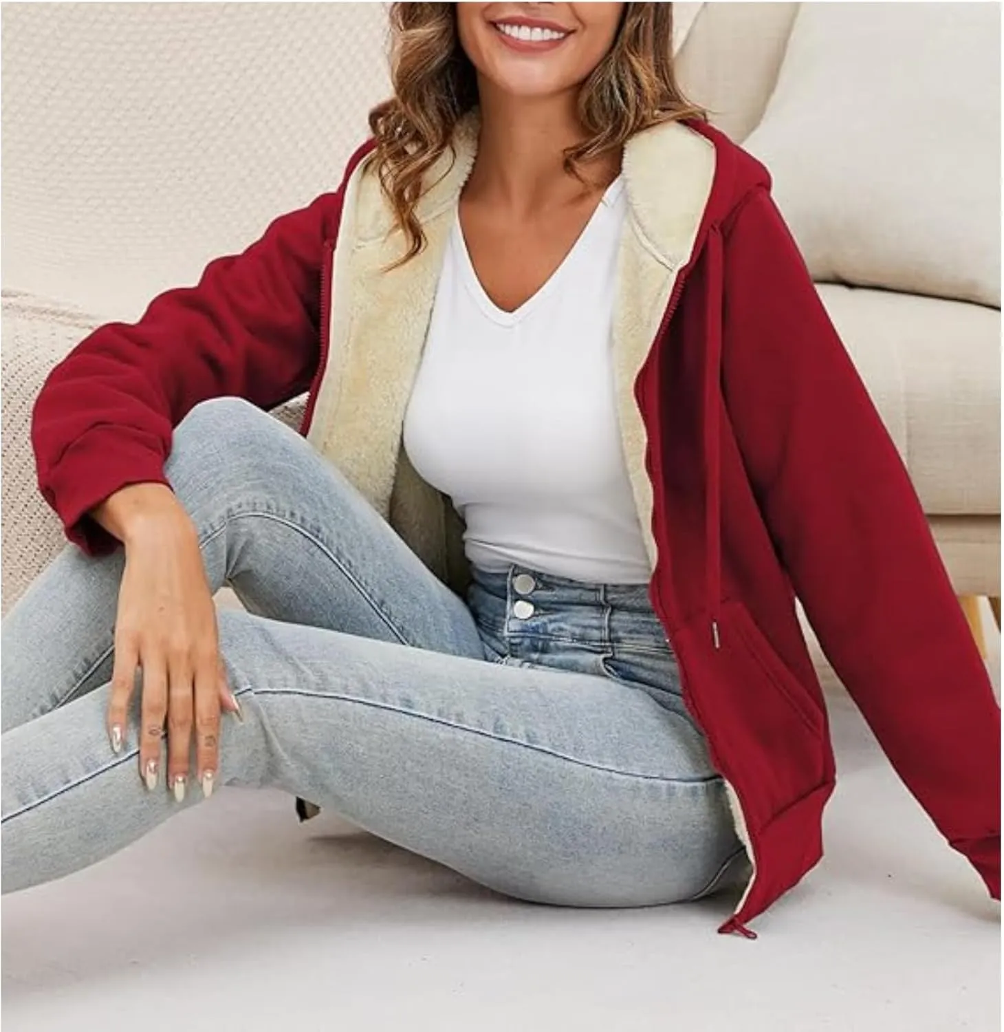 Winter Coats for Women Full Zip Sherpa Lined Hoodie Plain Warm Fleece Jacket Lightweight Versatile Sweatshirts