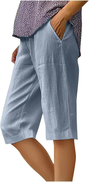 Wkishenl Athletic Shorts for Women Solid High Waisted Elastic Bermuda Short Summer Casual Comfy Linen Pants with Pockets