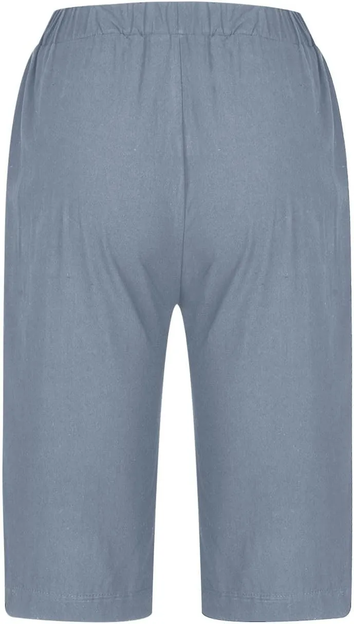 Wkishenl Athletic Shorts for Women Solid High Waisted Elastic Bermuda Short Summer Casual Comfy Linen Pants with Pockets