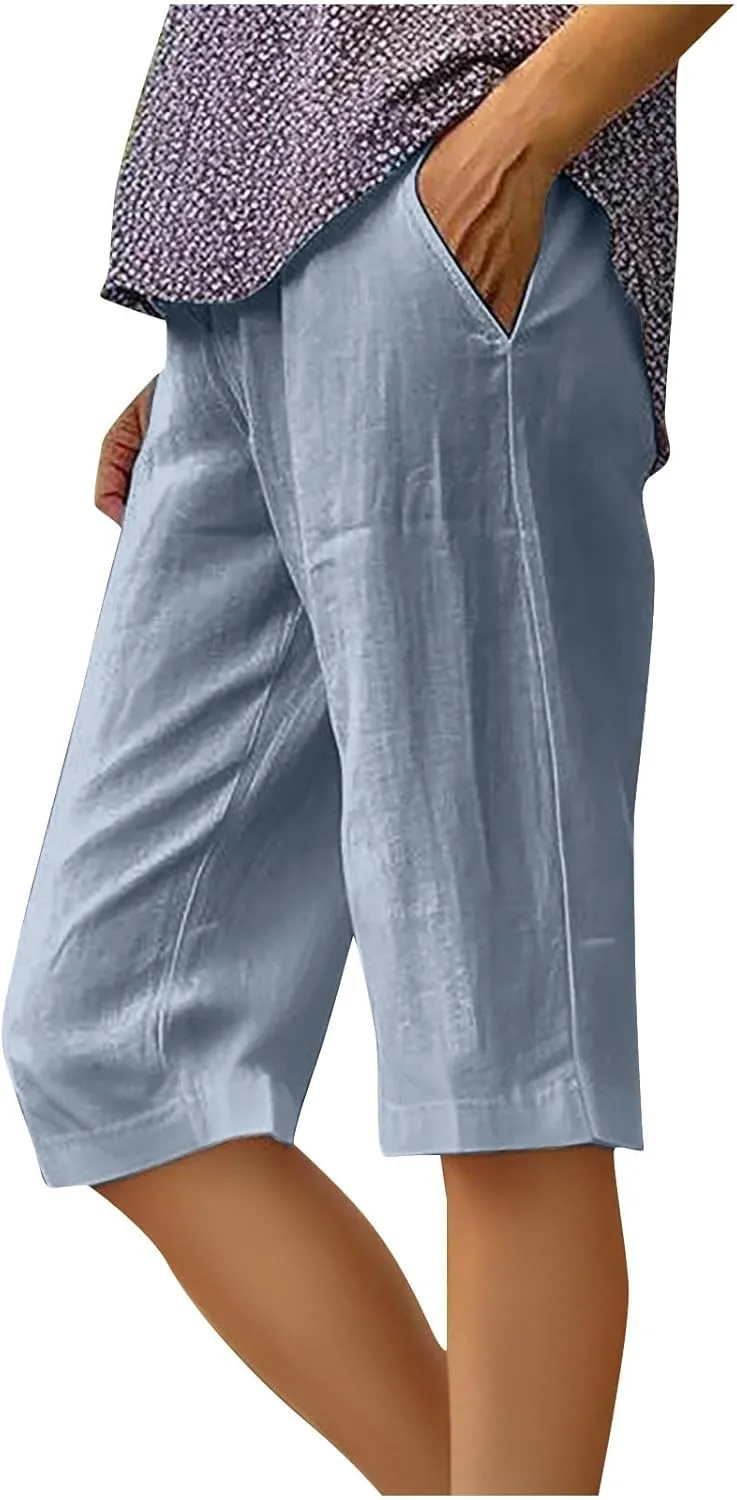 Wkishenl Athletic Shorts for Women Solid High Waisted Elastic Bermuda Short Summer Casual Comfy Linen Pants with Pockets