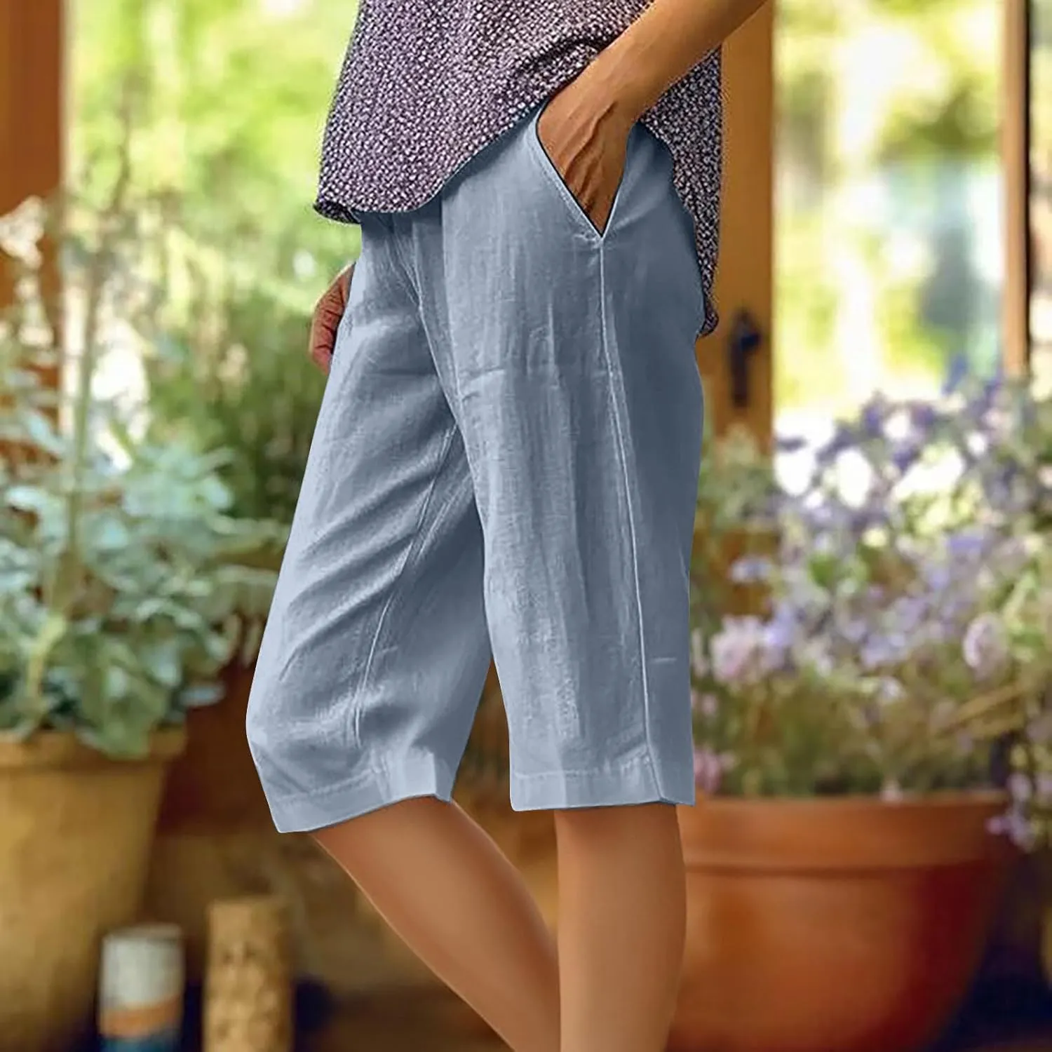 Wkishenl Athletic Shorts for Women Solid High Waisted Elastic Bermuda Short Summer Casual Comfy Linen Pants with Pockets