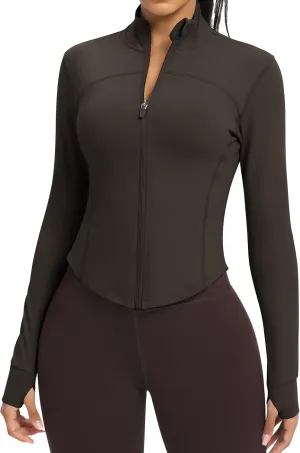 Women BBL Jacket Full Zip UP Workout Athletic Cropped Jacket wIth Thumb Holes Running Yoga Sportswear