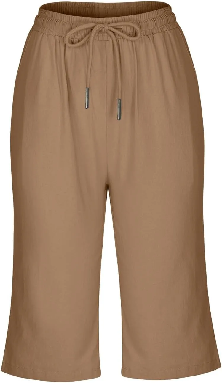 Women Cotton Linen Shorts Summer Knee Length Shorts High Waisted Bermuda Beach Capris Lounge Short Pant with Pocket