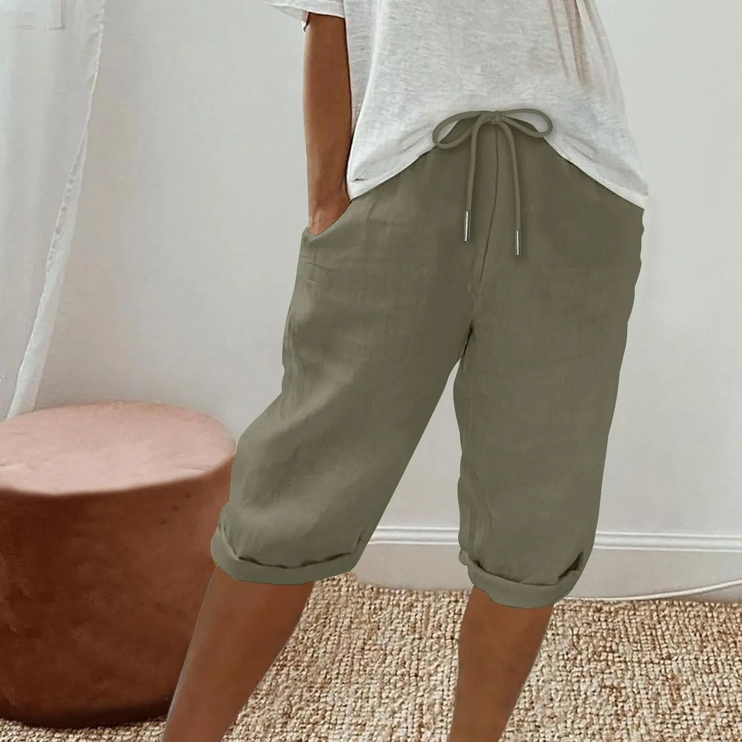 Women Cotton Linen Shorts Summer Knee Length Shorts High Waisted Bermuda Beach Capris Lounge Short Pant with Pocket
