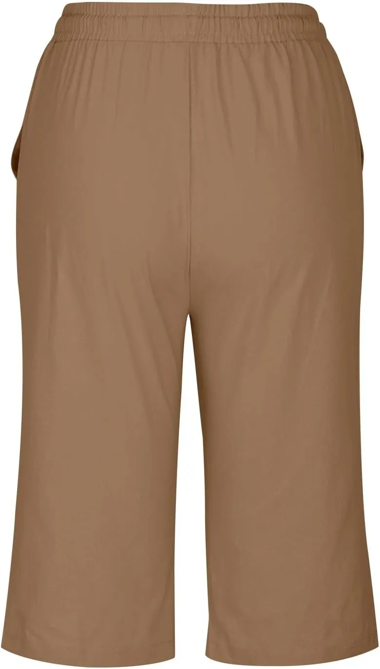 Women Cotton Linen Shorts Summer Knee Length Shorts High Waisted Bermuda Beach Capris Lounge Short Pant with Pocket