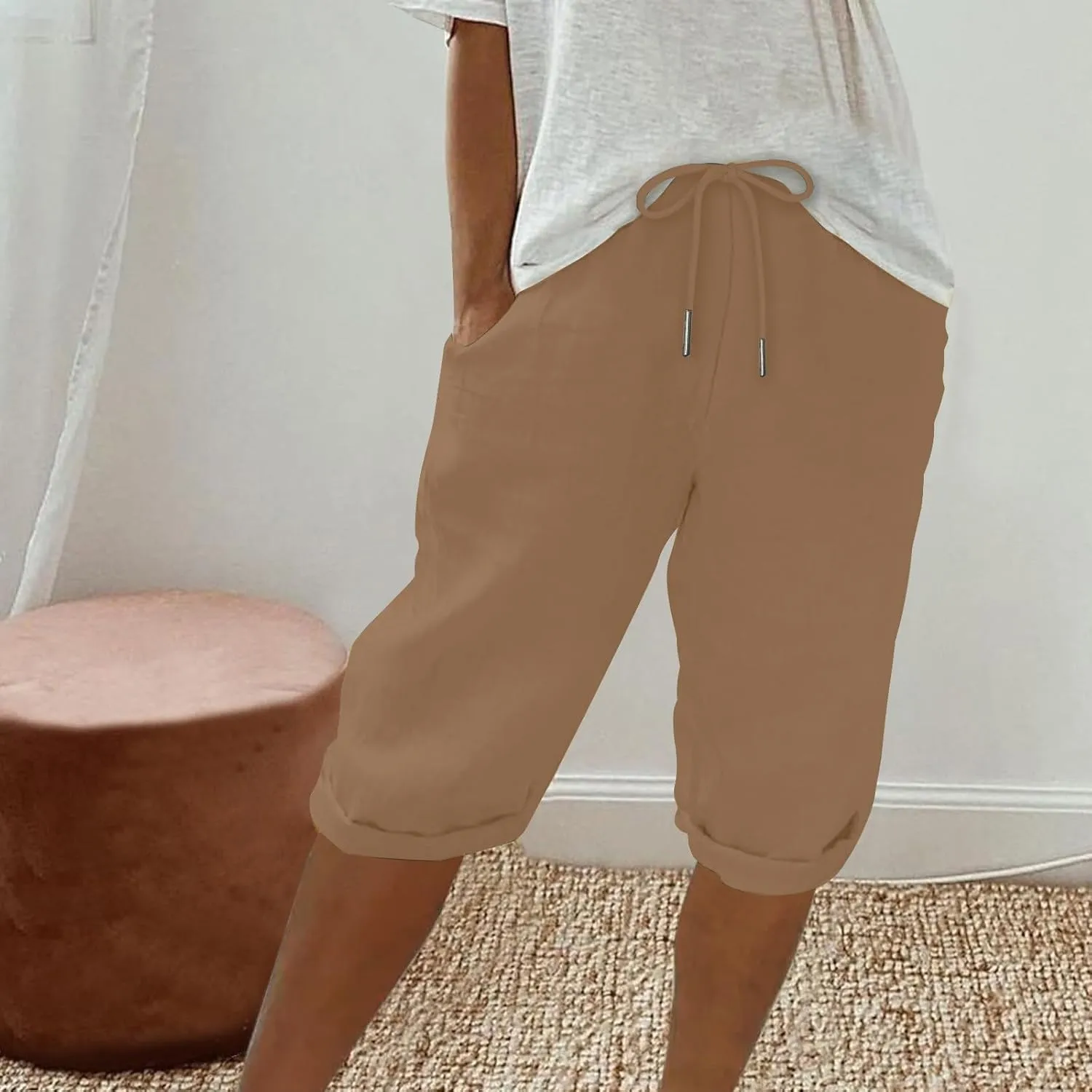 Women Cotton Linen Shorts Summer Knee Length Shorts High Waisted Bermuda Beach Capris Lounge Short Pant with Pocket