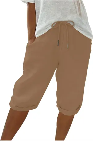 Women Cotton Linen Shorts Summer Knee Length Shorts High Waisted Bermuda Beach Capris Lounge Short Pant with Pocket
