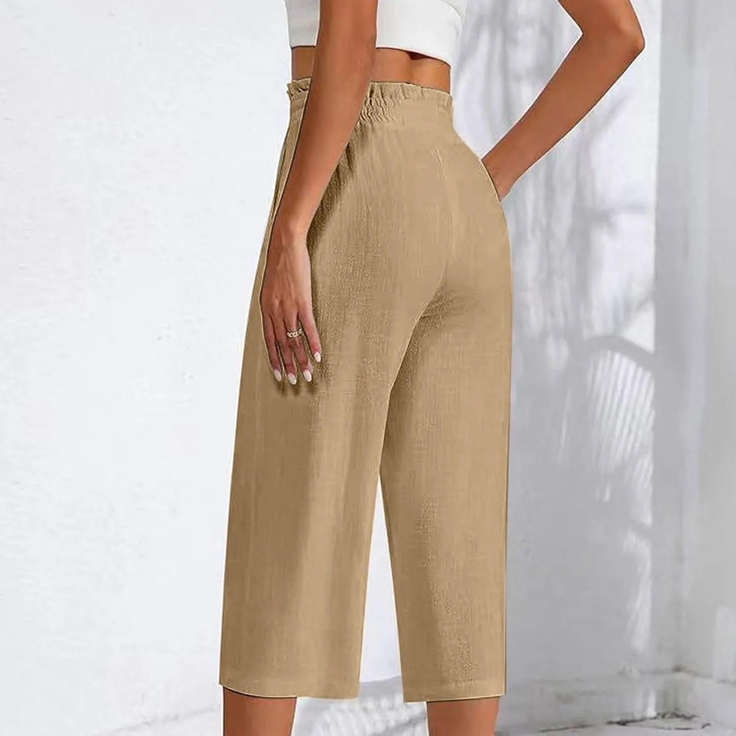 Women Cotton Linen Summer Boho Palazzo Pants Elastic Waist Bootcut Loose Fit Pant Trousers Business Work
