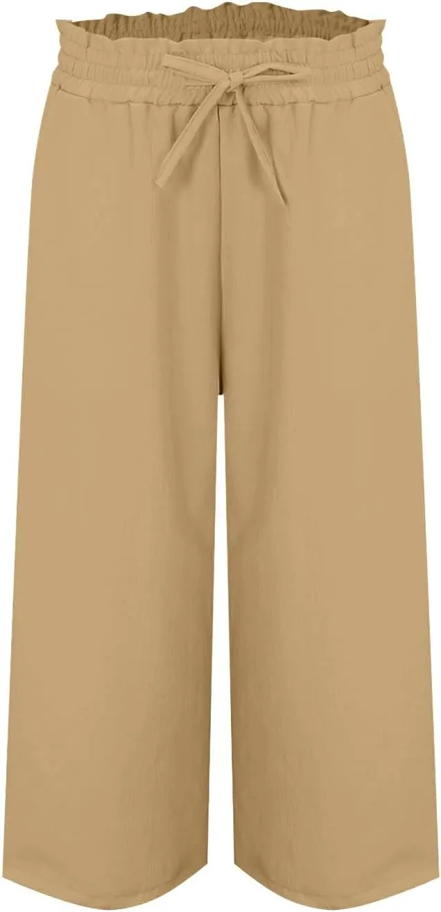 Women Cotton Linen Summer Boho Palazzo Pants Elastic Waist Bootcut Loose Fit Pant Trousers Business Work