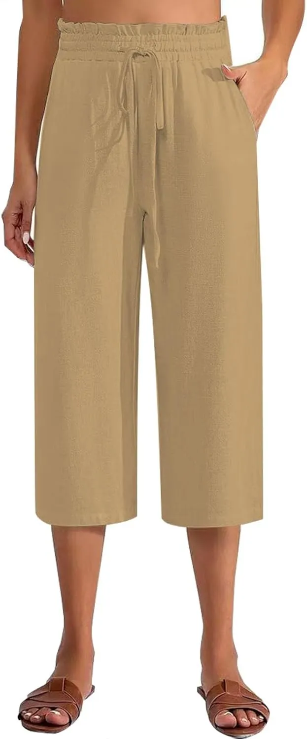 Women Cotton Linen Summer Boho Palazzo Pants Elastic Waist Bootcut Loose Fit Pant Trousers Business Work