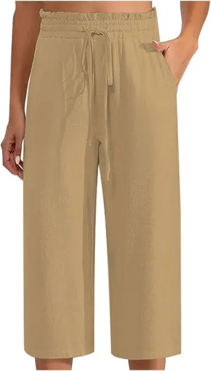 Women Cotton Linen Summer Boho Palazzo Pants Elastic Waist Bootcut Loose Fit Pant Trousers Business Work