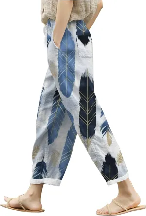 Women Cotton Linen Summer Trendy Pant Trousers Elastic Waisted Long Lounge Slim Fit Pants Beach