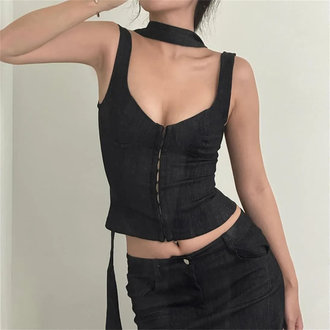 Women Gothic Crop Tank Top Sleeveless Camisole Tops Y2K Grunge Blouse Cami Shirt