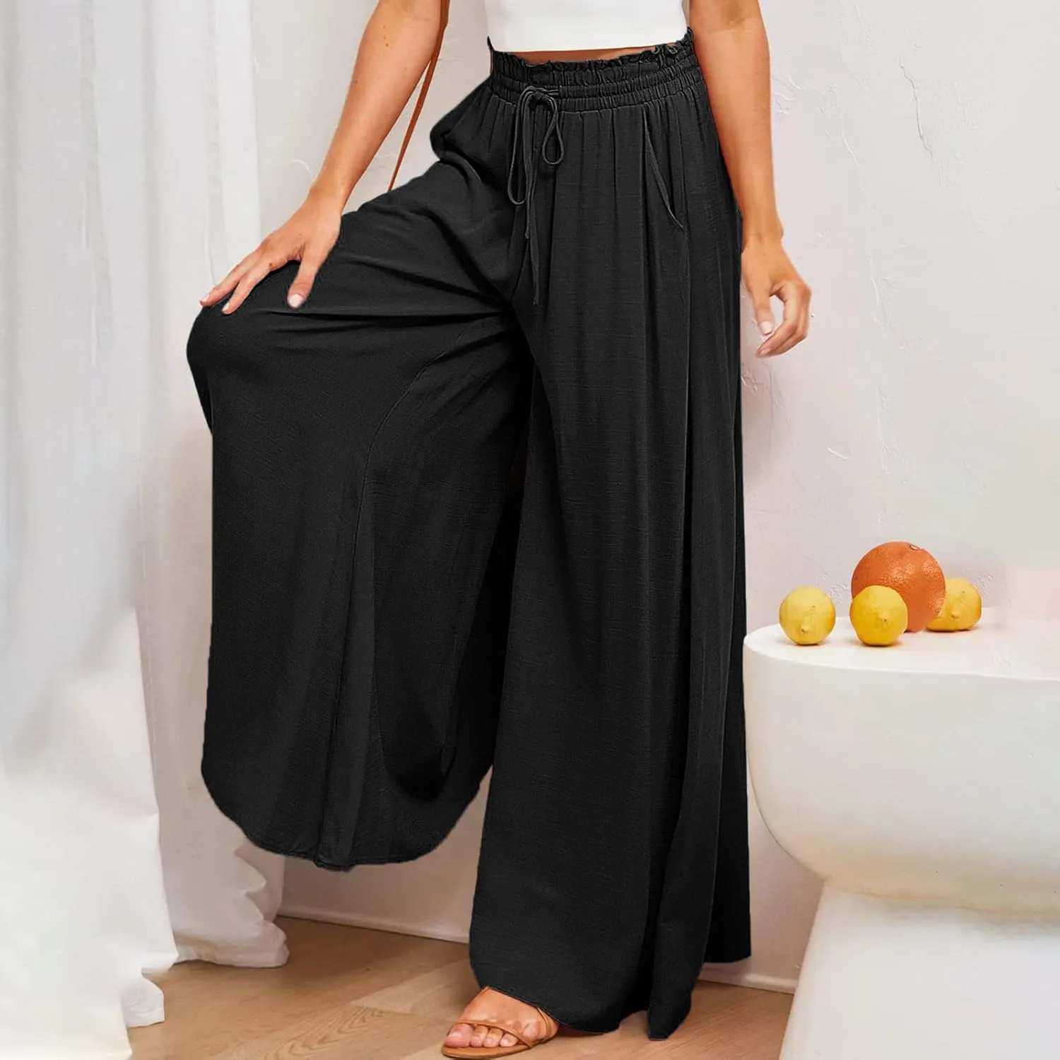 Women High Waist Wide Leg Palazzo Pants Dressy Casual Flowy Pants Loose 2024 Fall Long Lounge Trousers with Pockets