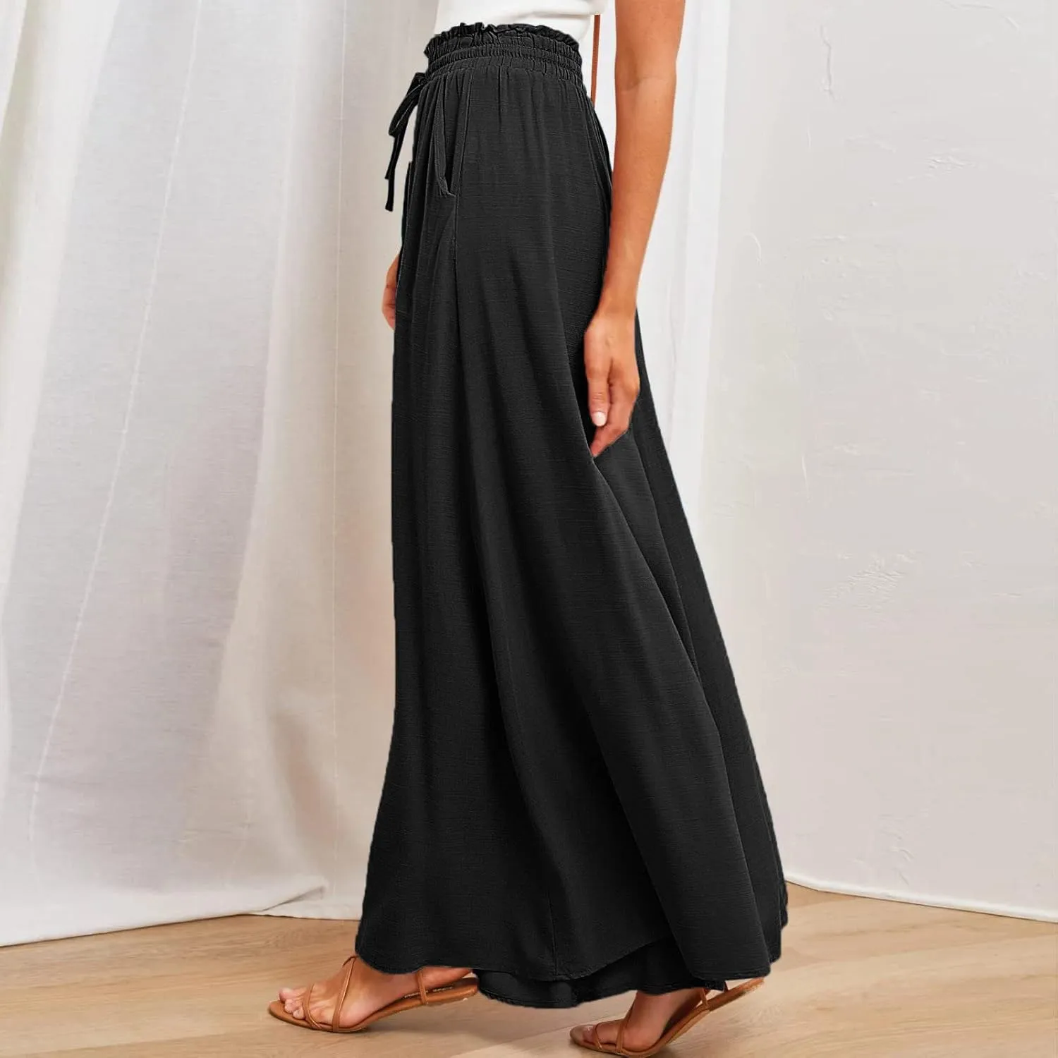 Women High Waist Wide Leg Palazzo Pants Dressy Casual Flowy Pants Loose 2024 Fall Long Lounge Trousers with Pockets