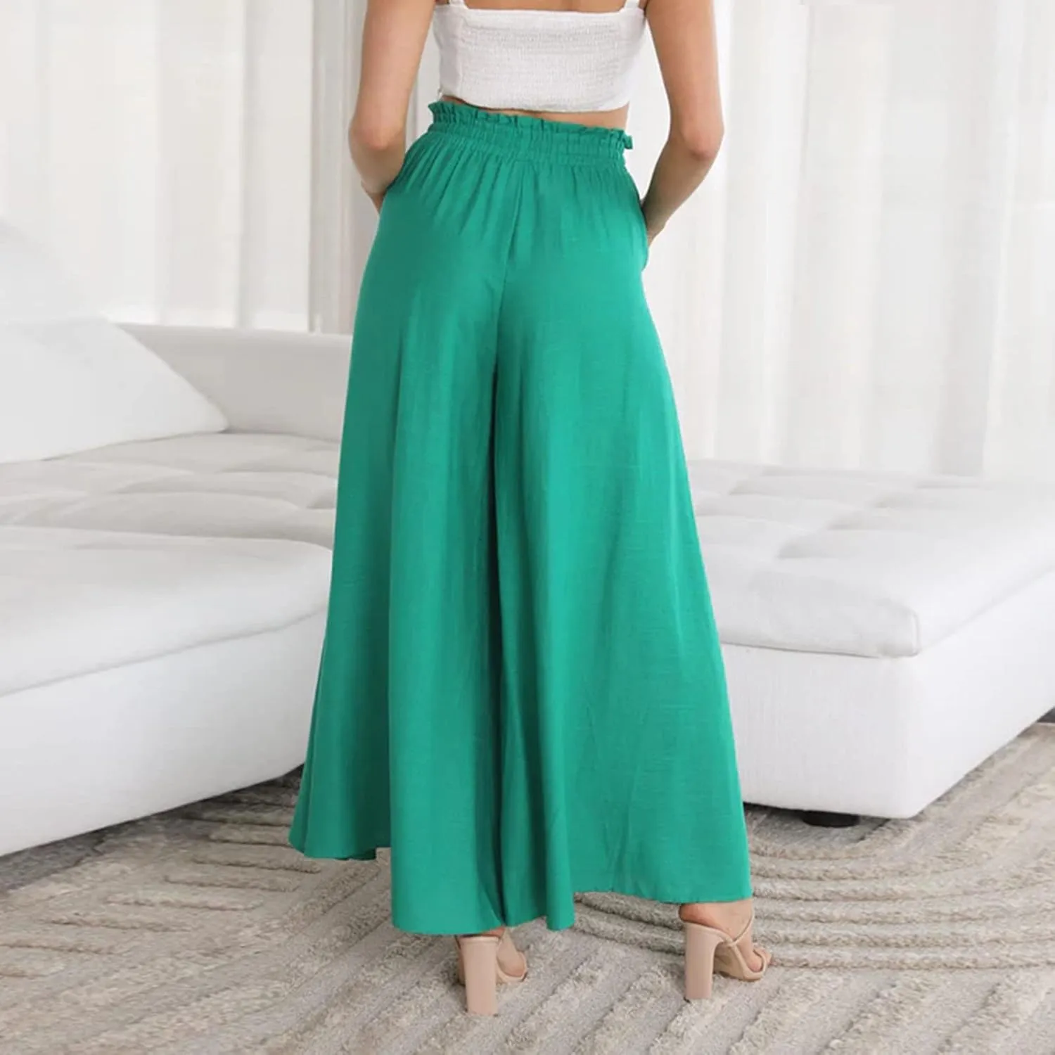 Women High Waist Wide Leg Palazzo Pants Dressy Casual Flowy Pants Loose 2024 Fall Long Lounge Trousers with Pockets
