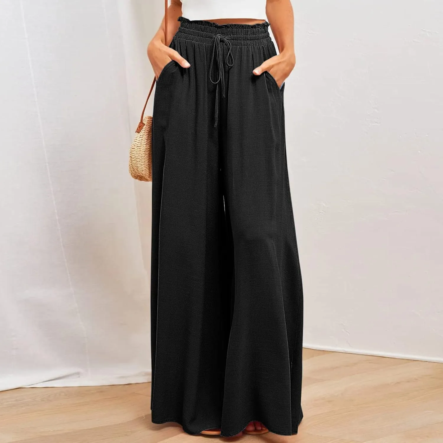 Women High Waist Wide Leg Palazzo Pants Dressy Casual Flowy Pants Loose 2024 Fall Long Lounge Trousers with Pockets