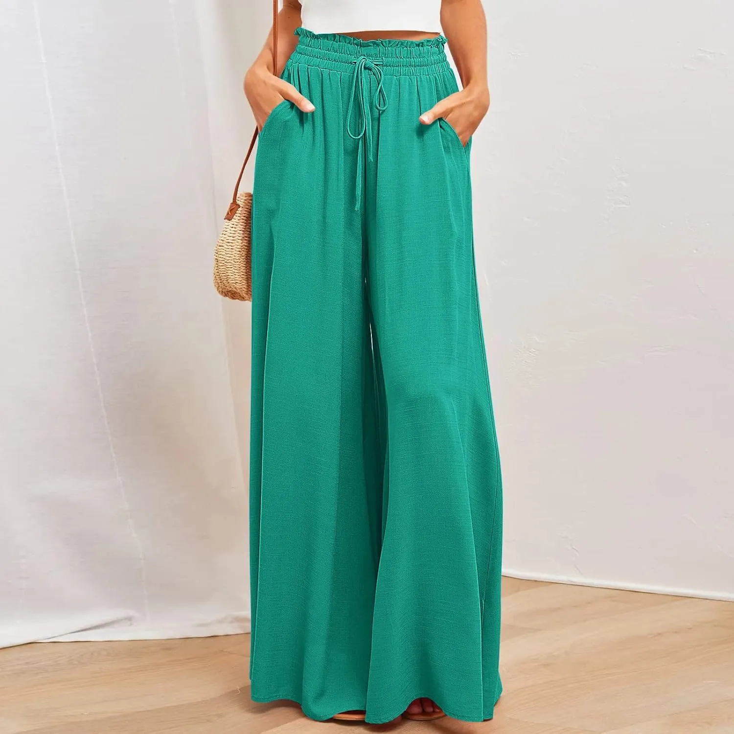 Women High Waist Wide Leg Palazzo Pants Dressy Casual Flowy Pants Loose 2024 Fall Long Lounge Trousers with Pockets