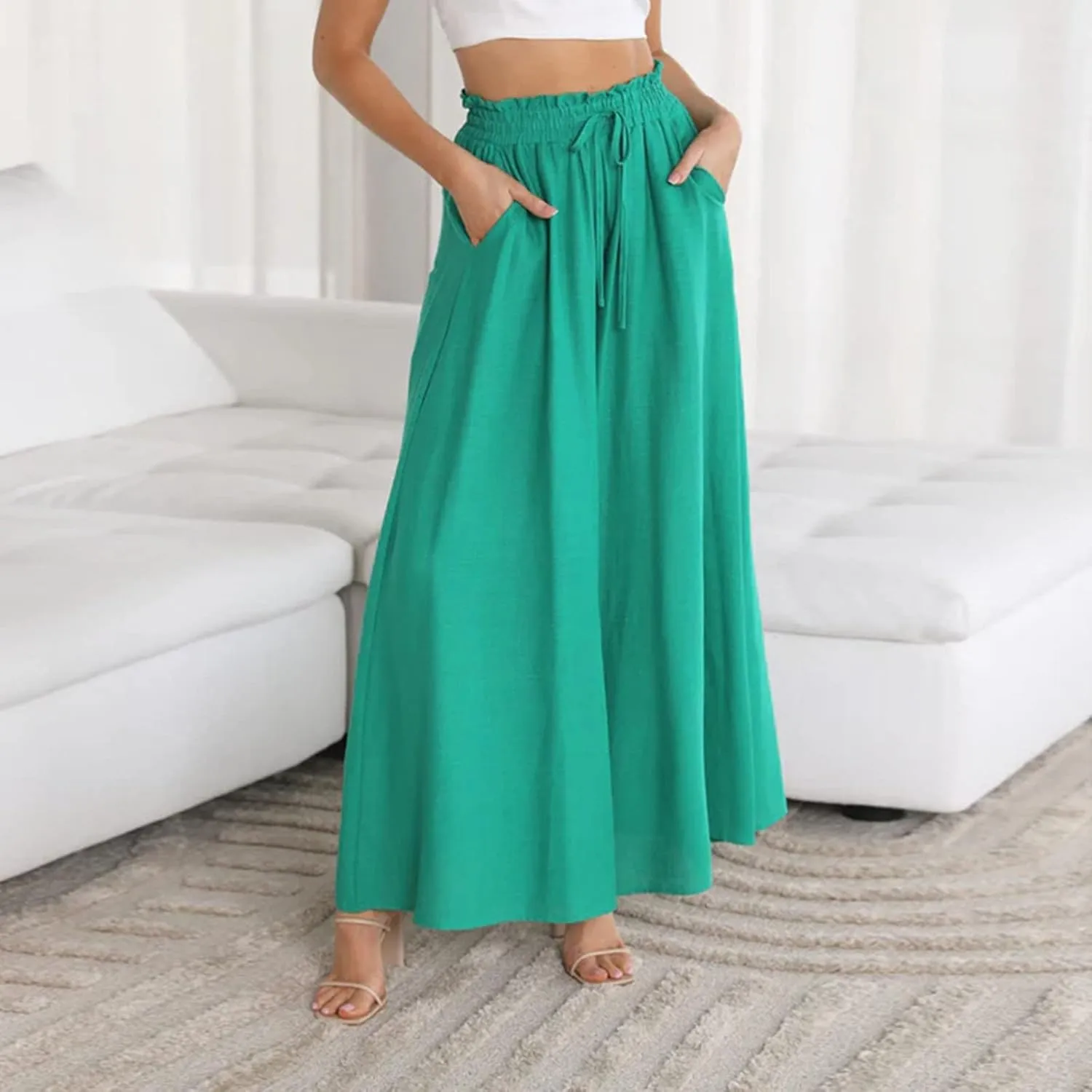 Women High Waist Wide Leg Palazzo Pants Dressy Casual Flowy Pants Loose 2024 Fall Long Lounge Trousers with Pockets