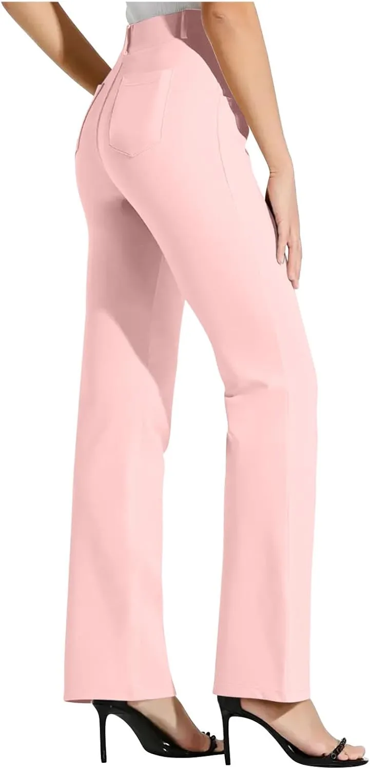 Women High Waist Work Pants Office Yoga Dress Pants Business Casual Outfits Elastic Waist Straight Leg Pocket Trouser