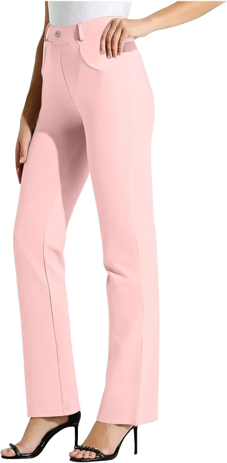 Women High Waist Work Pants Office Yoga Dress Pants Business Casual Outfits Elastic Waist Straight Leg Pocket Trouser