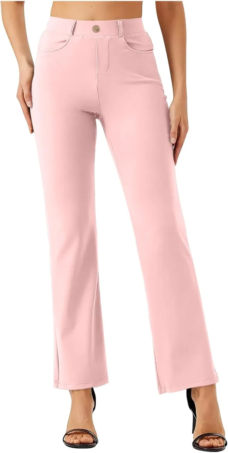 Women High Waist Work Pants Office Yoga Dress Pants Business Casual Outfits Elastic Waist Straight Leg Pocket Trouser