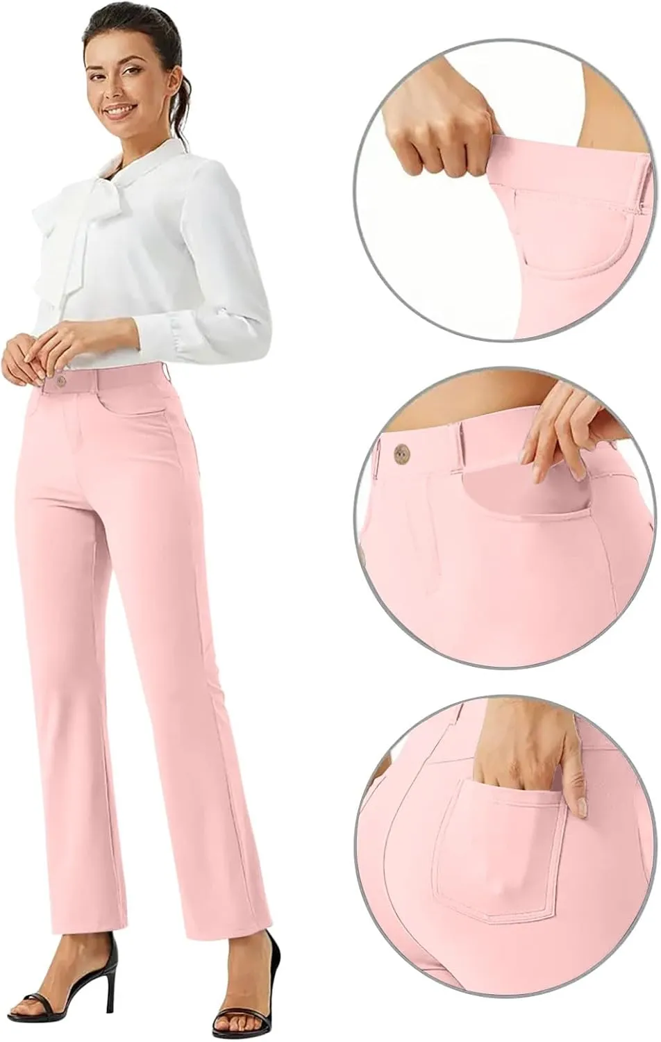 Women High Waist Work Pants Office Yoga Dress Pants Business Casual Outfits Elastic Waist Straight Leg Pocket Trouser