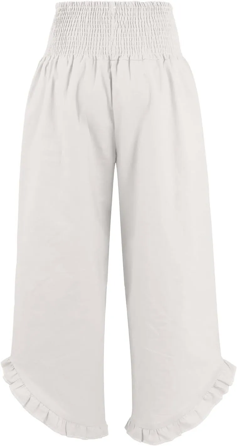 Women High Waisted Linen Palazzo Pants Trendy Pleated Smocked Waist Ruffle Hem Trousers Office Work Dress Casual Pant