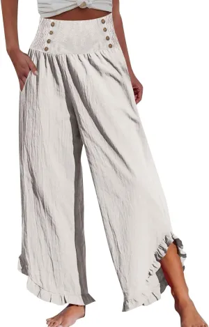 Women High Waisted Linen Palazzo Pants Trendy Pleated Smocked Waist Ruffle Hem Trousers Office Work Dress Casual Pant