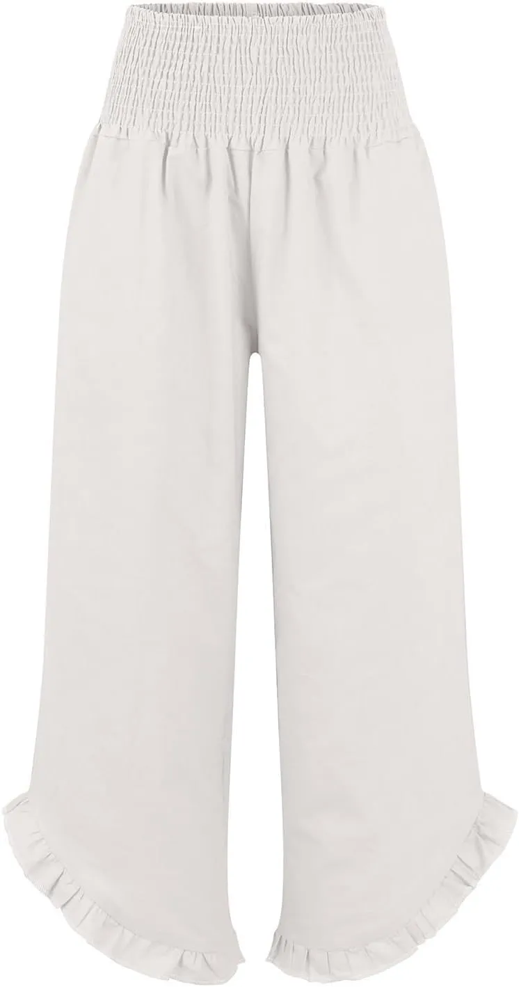 Women High Waisted Linen Palazzo Pants Trendy Pleated Smocked Waist Ruffle Hem Trousers Office Work Dress Casual Pant
