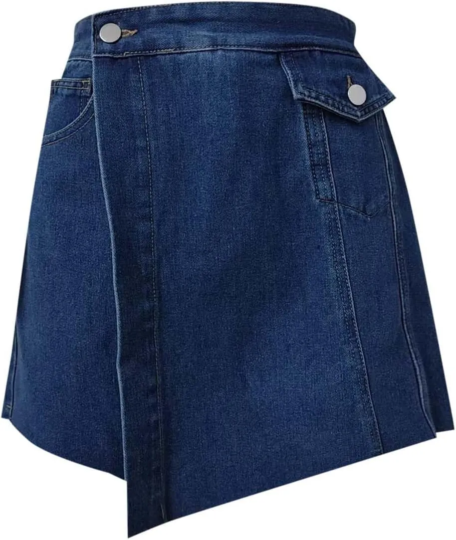 Women High Waisted Wrap Denim Shorts Casual Y2k Denim Leisure Solid Skort Cross Over Waist Asymmetrical Mini Shorts