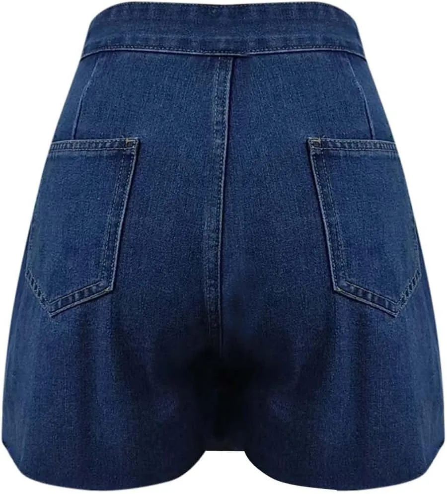 Women High Waisted Wrap Denim Shorts Casual Y2k Denim Leisure Solid Skort Cross Over Waist Asymmetrical Mini Shorts
