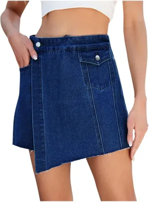 Women High Waisted Wrap Denim Shorts Casual Y2k Denim Leisure Solid Skort Cross Over Waist Asymmetrical Mini Shorts