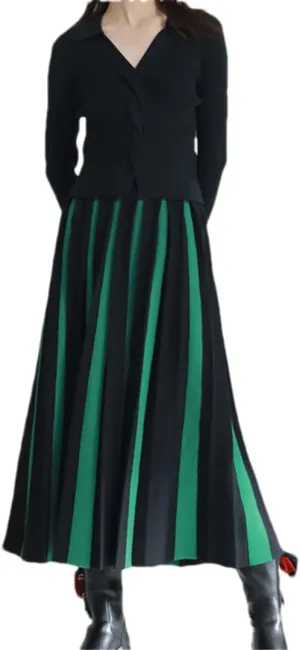 Women Knitted A-Line Midi Long Skirt Color Matching Pleated Skirts Large Swing Skirts