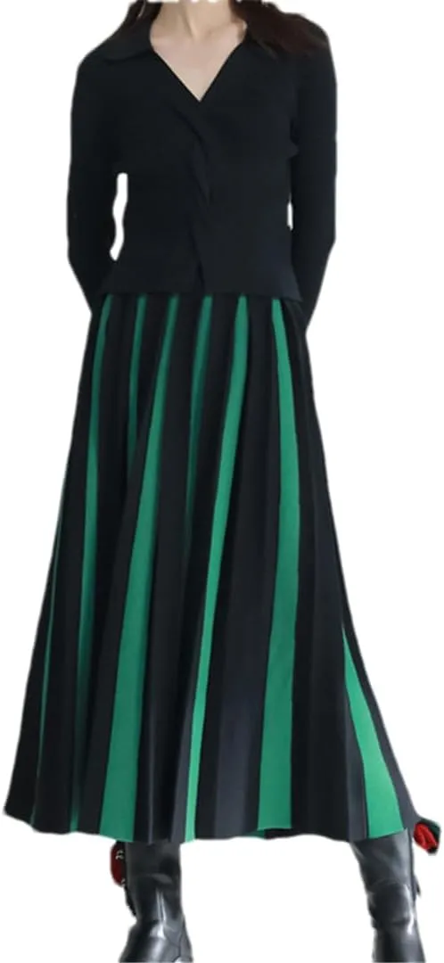 Women Knitted A-Line Midi Long Skirt Color Matching Pleated Skirts Large Swing Skirts