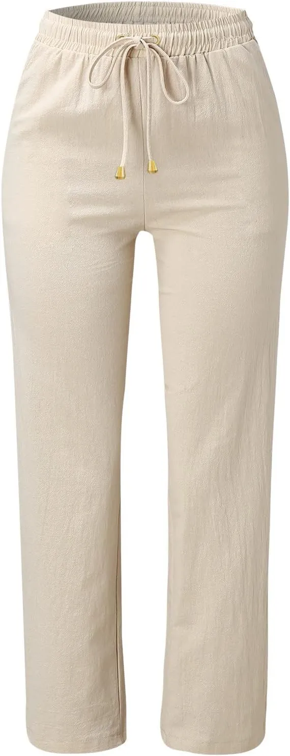 Women Linen Blend Summer Flowy Pant Trousers High Waist Long Lounge Slim Fit Pant Trousers Office