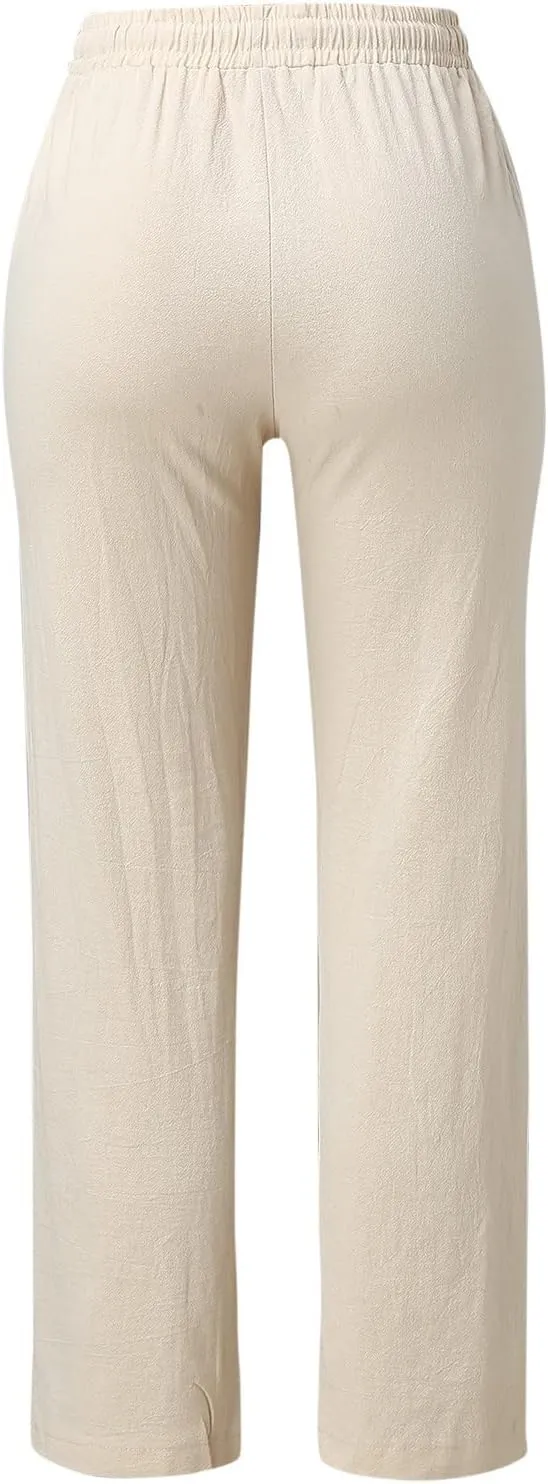 Women Linen Blend Summer Flowy Pant Trousers High Waist Long Lounge Slim Fit Pant Trousers Office