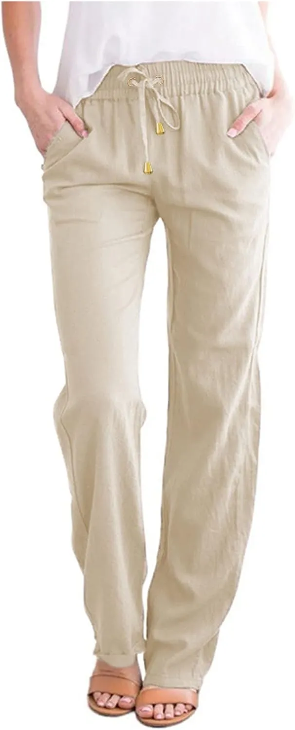 Women Linen Blend Summer Flowy Pant Trousers High Waist Long Lounge Slim Fit Pant Trousers Office