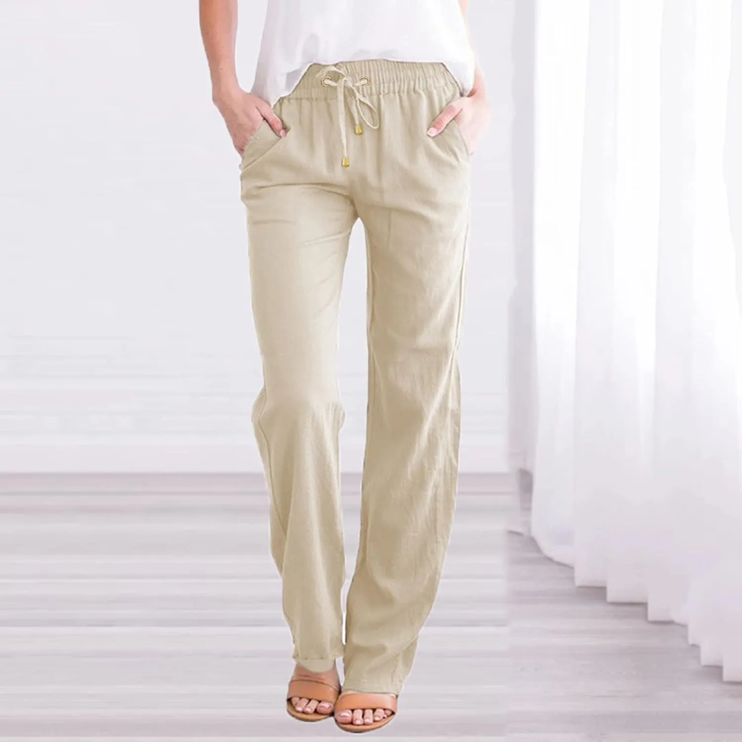 Women Linen Blend Summer Flowy Pant Trousers High Waist Long Lounge Slim Fit Pant Trousers Office