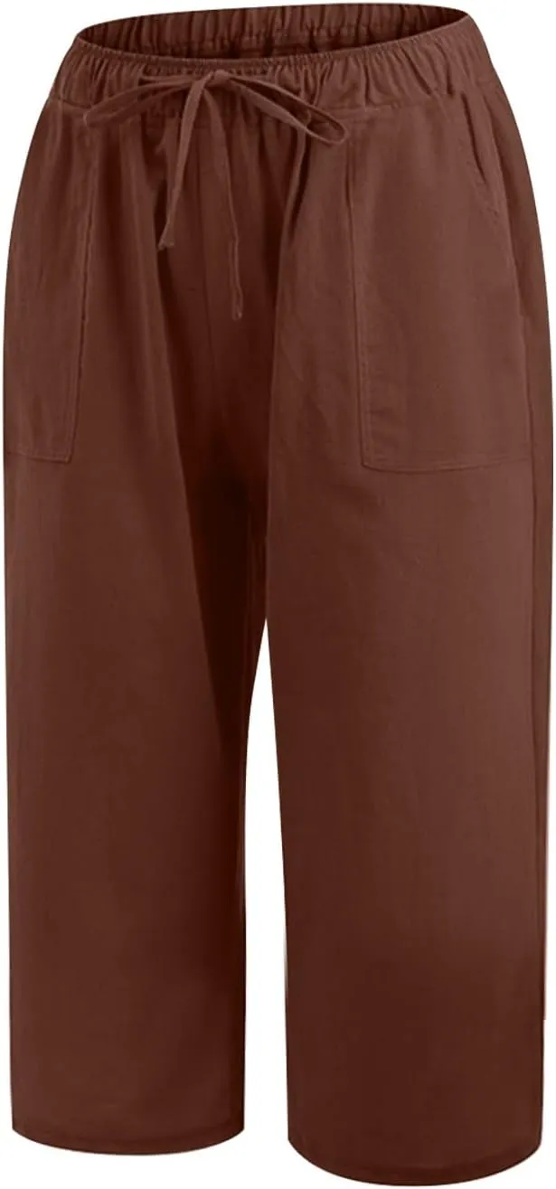 Women Linen Blend Summer Pull On Palazzo Lounge Pants High Waist Straight Slim-Fit Trousers Beach