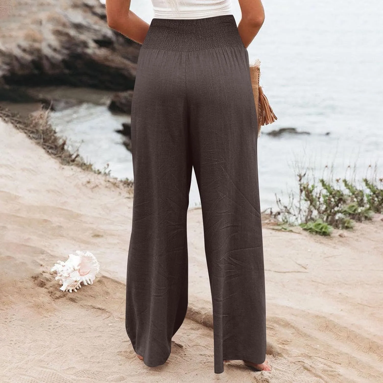 Women Linen Blend Summer Solid Pants Elastic Waist Baggy Stretchy Loose Fit Pant Trousers Business Work