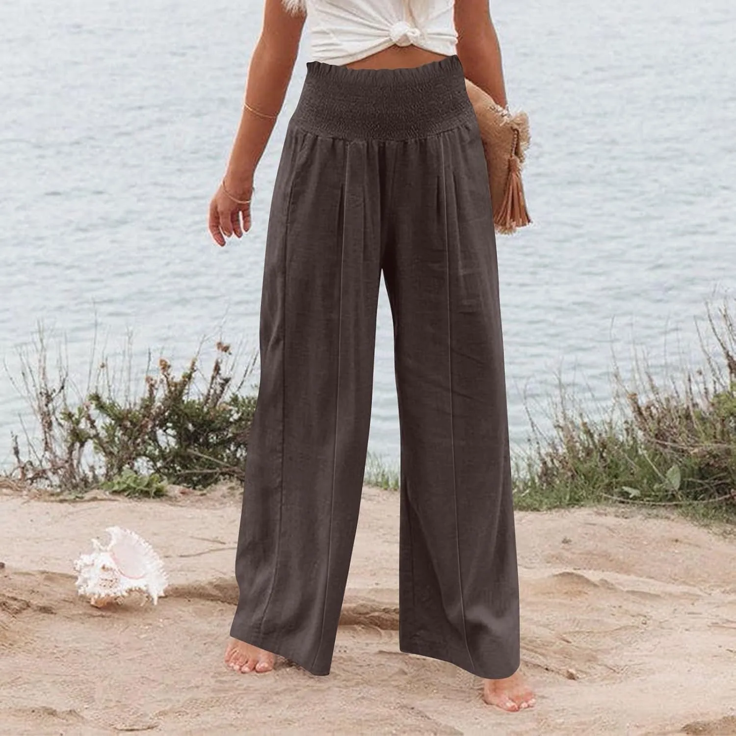 Women Linen Blend Summer Solid Pants Elastic Waist Baggy Stretchy Loose Fit Pant Trousers Business Work