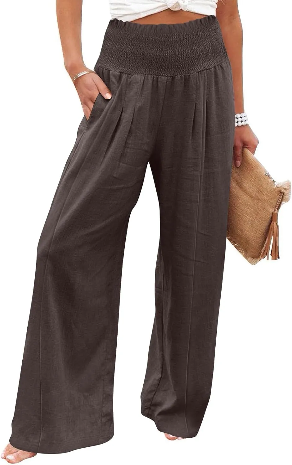 Women Linen Blend Summer Solid Pants Elastic Waist Baggy Stretchy Loose Fit Pant Trousers Business Work