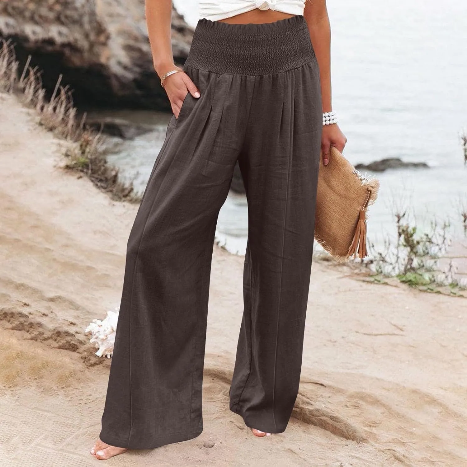 Women Linen Blend Summer Solid Pants Elastic Waist Baggy Stretchy Loose Fit Pant Trousers Business Work