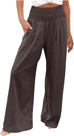 Women Linen Blend Summer Solid Pants Elastic Waist Baggy Stretchy Loose Fit Pant Trousers Business Work