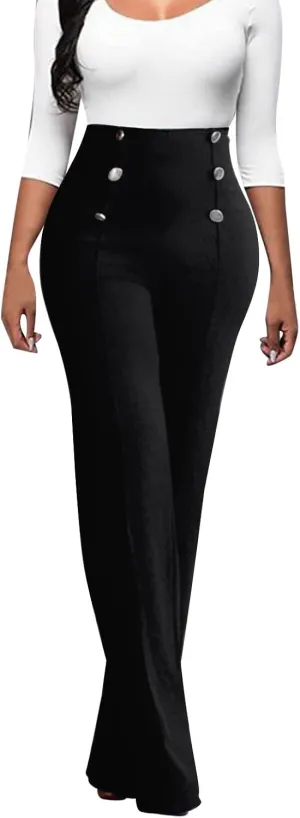 Women Plus Size Button-Down Bootcut Wide Leg Pants Sailor Bell Button Flare Pants Stretchy Long High Waist Business Trousers