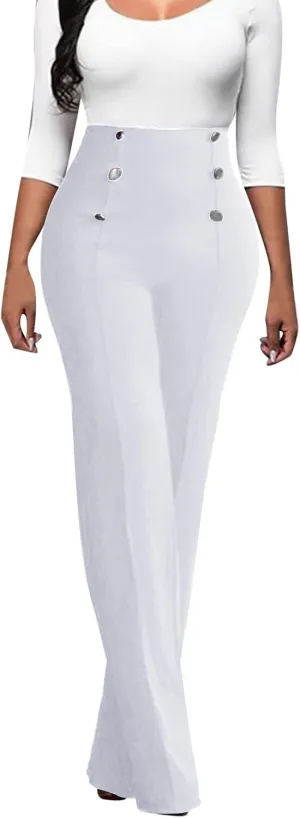 Women Plus Size Button-Down Bootcut Wide Leg Pants Sailor Bell Button Flare Pants Stretchy Long High Waist Business Trousers