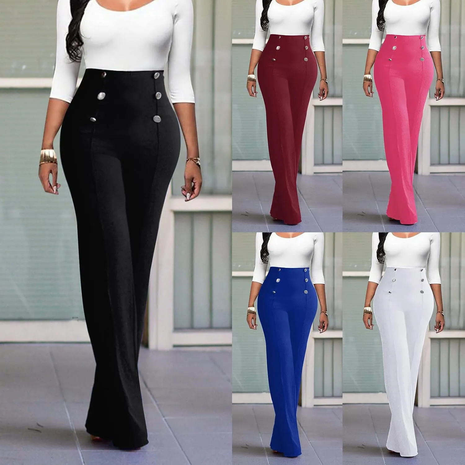 Women Plus Size Button-Down Bootcut Wide Leg Pants Sailor Bell Button Flare Pants Stretchy Long High Waist Business Trousers