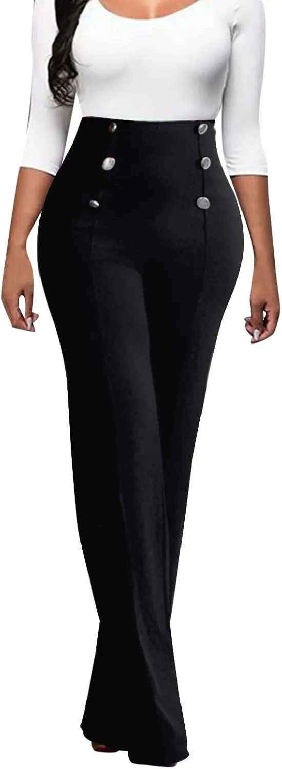 Women Plus Size Button-Down Bootcut Wide Leg Pants Sailor Bell Button Flare Pants Stretchy Long High Waist Business Trousers