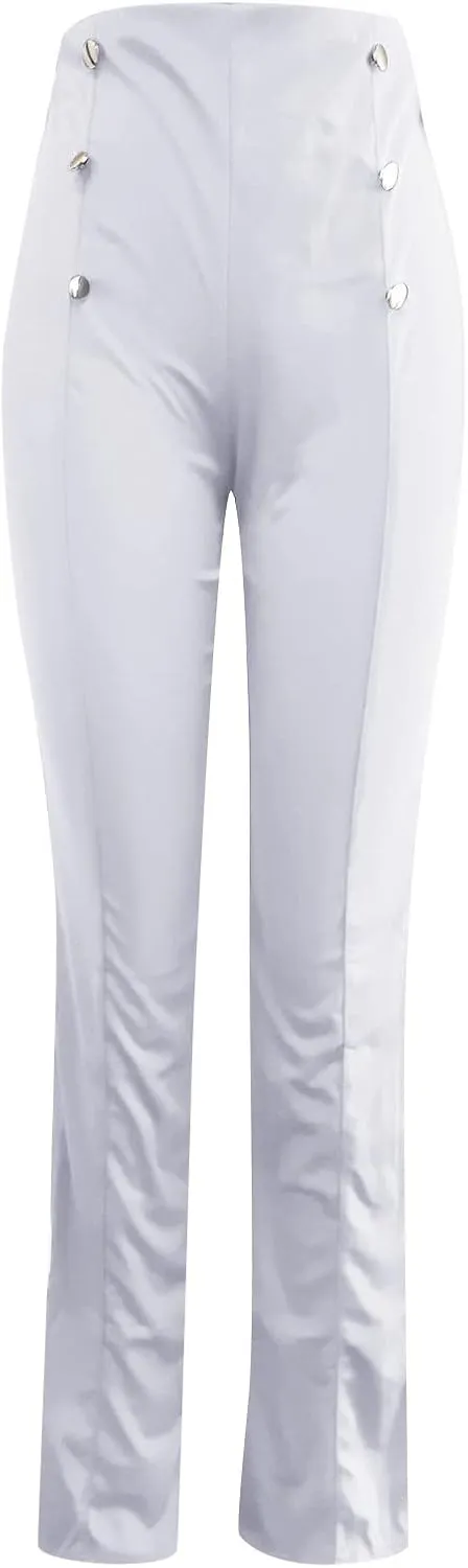 Women Plus Size Button-Down Bootcut Wide Leg Pants Sailor Bell Button Flare Pants Stretchy Long High Waist Business Trousers